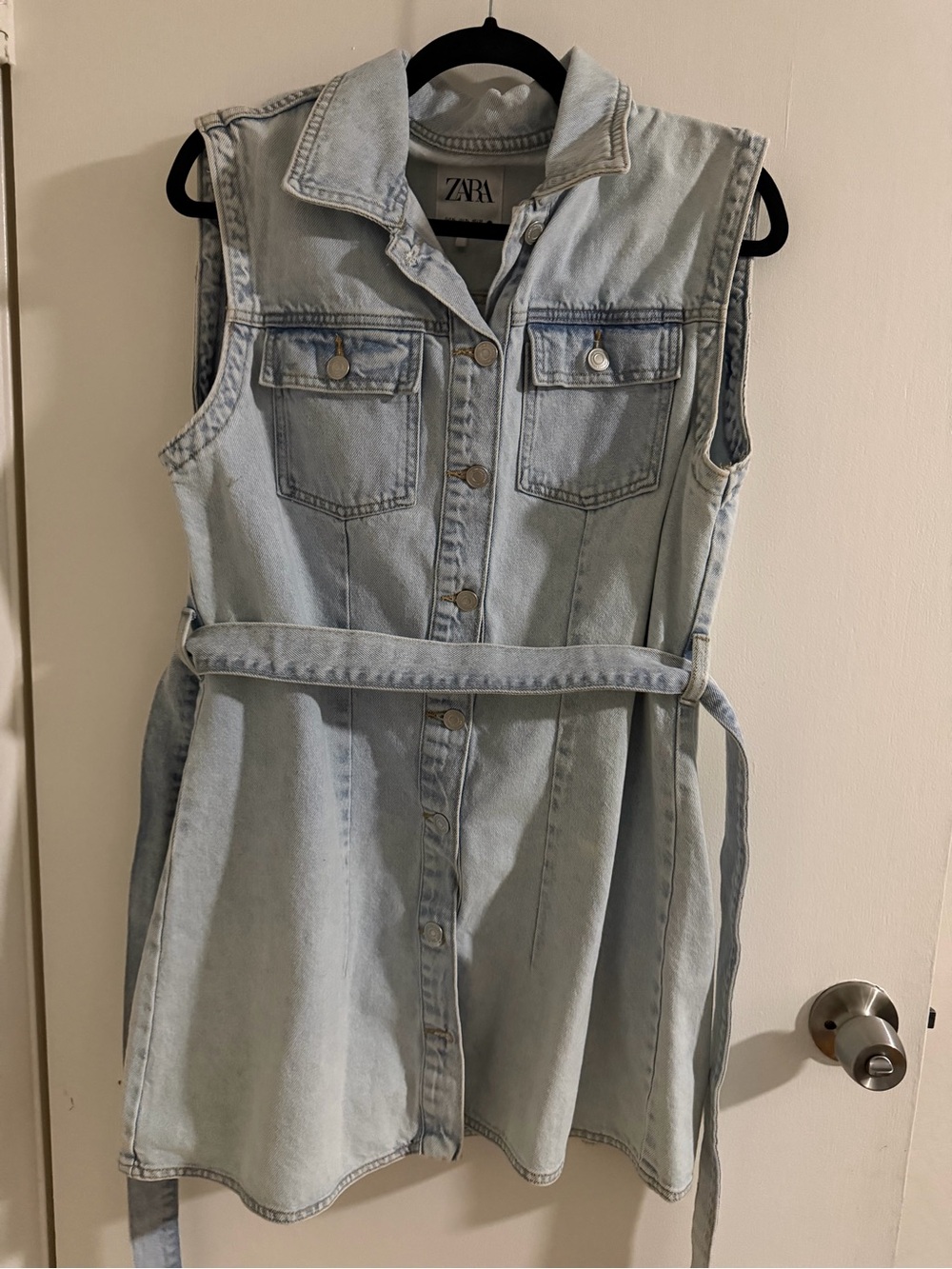 Zara Pale Blue Denim Button-Front Sleeveless Dress with Belt